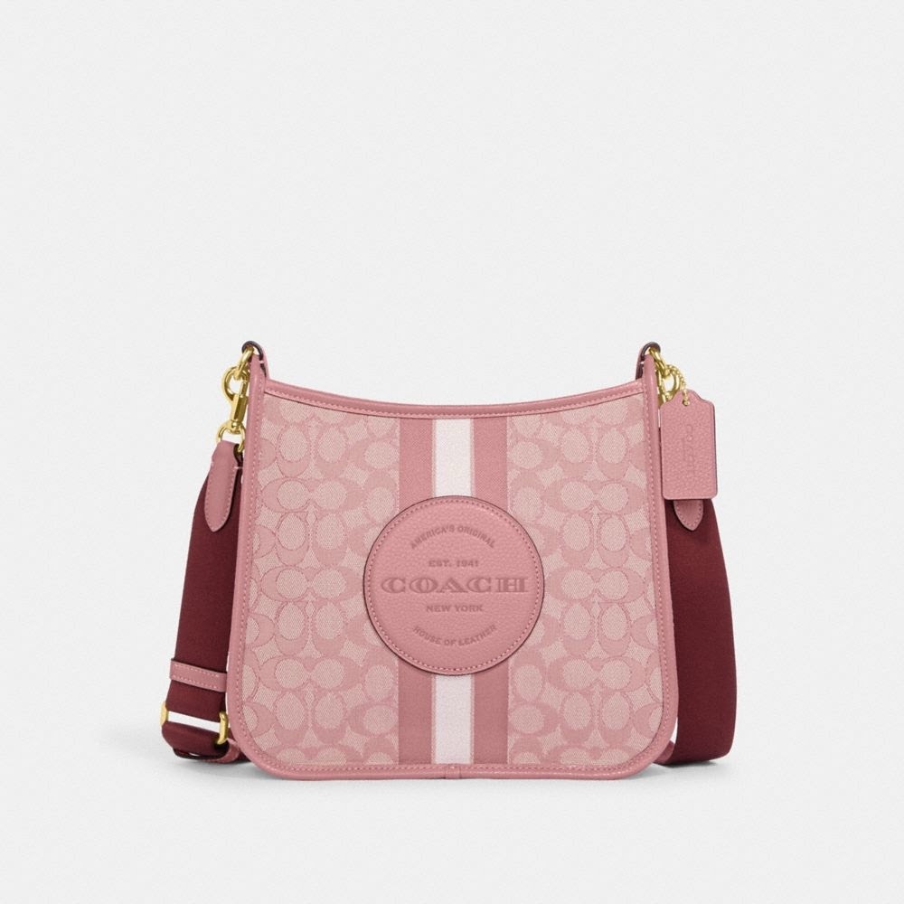 Coach Pink Signature Stripe Crossbody Bag with Maroon Strap